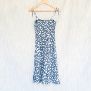 Reformation Blue Floral Print Crepe Sleeveless Square Neck Midi Dress, size M